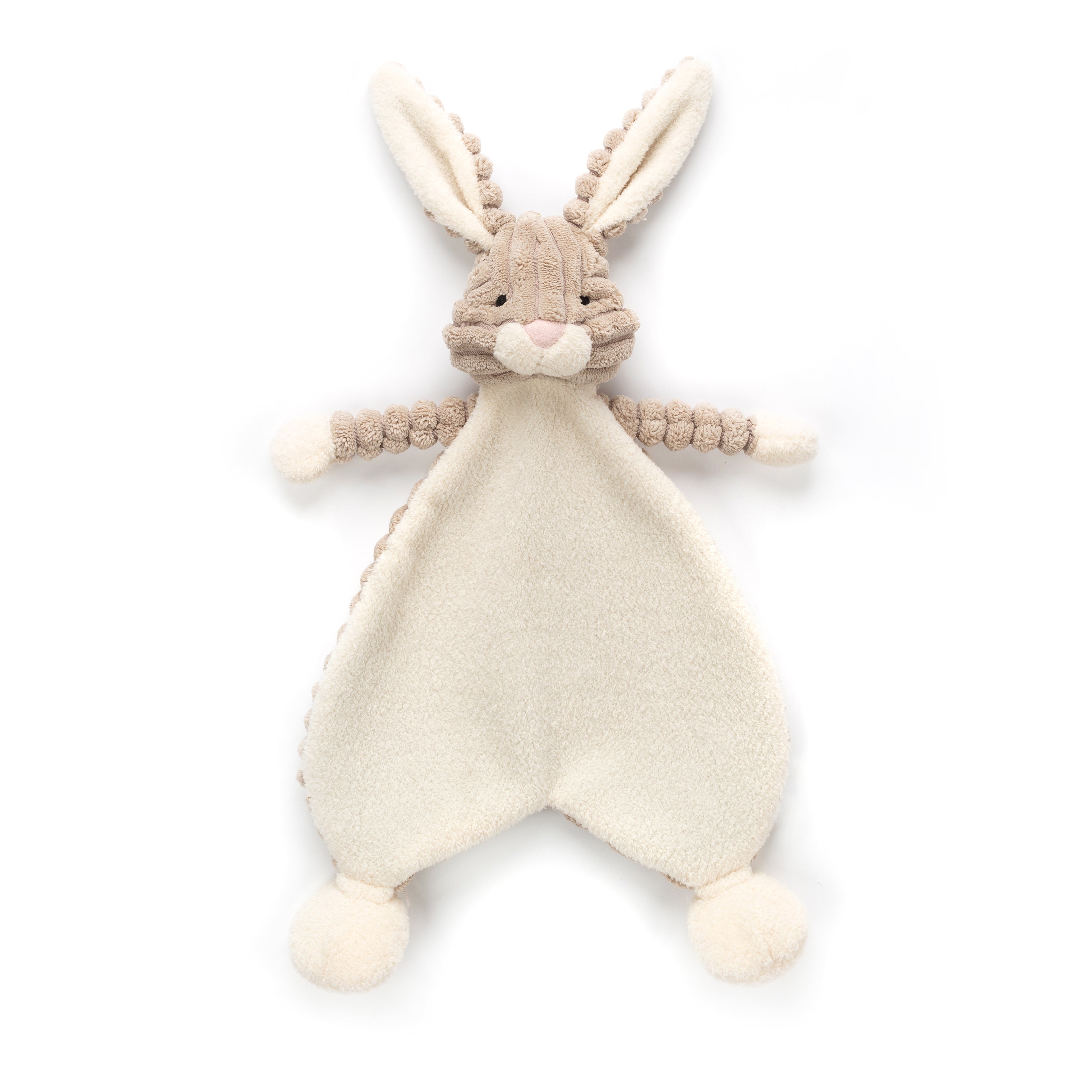 Stuffed beige and white bunny comforter.