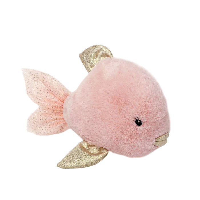 Pink plush fish with gold fins and tail.
