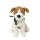 Stuffed dog with brown and white fur, wearing a dark green ribbon.