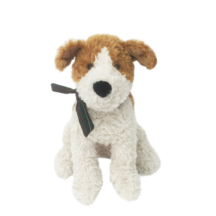 Stuffed dog with brown and white fur, wearing a dark green ribbon.