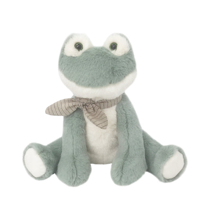 Plush green frog toy with a striped neck scarf, seated.
