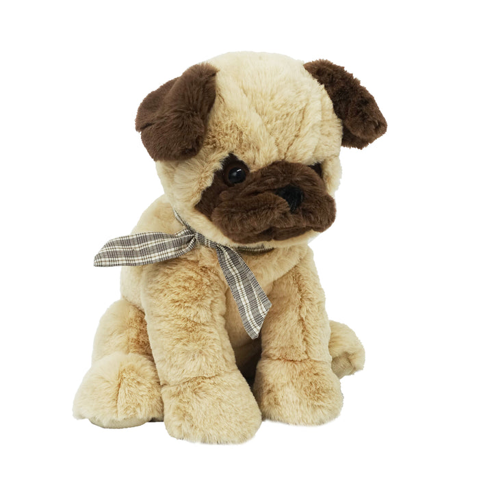 Stuffed pug with brown and tan fur, wearing a plaid bow.