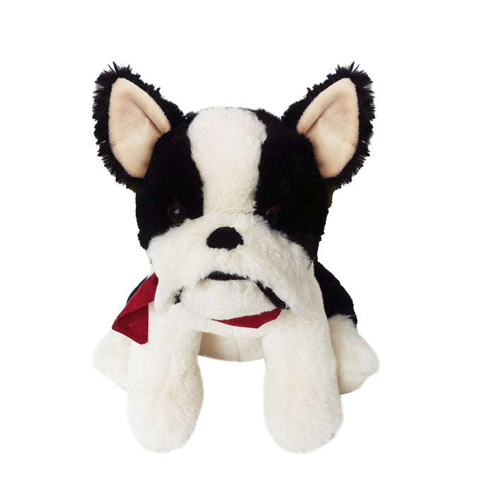 Stuffed black and white Boston Terrier dog with a red neckerchief.