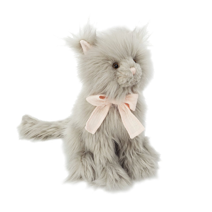 Grey plush cat toy with a pink bow.