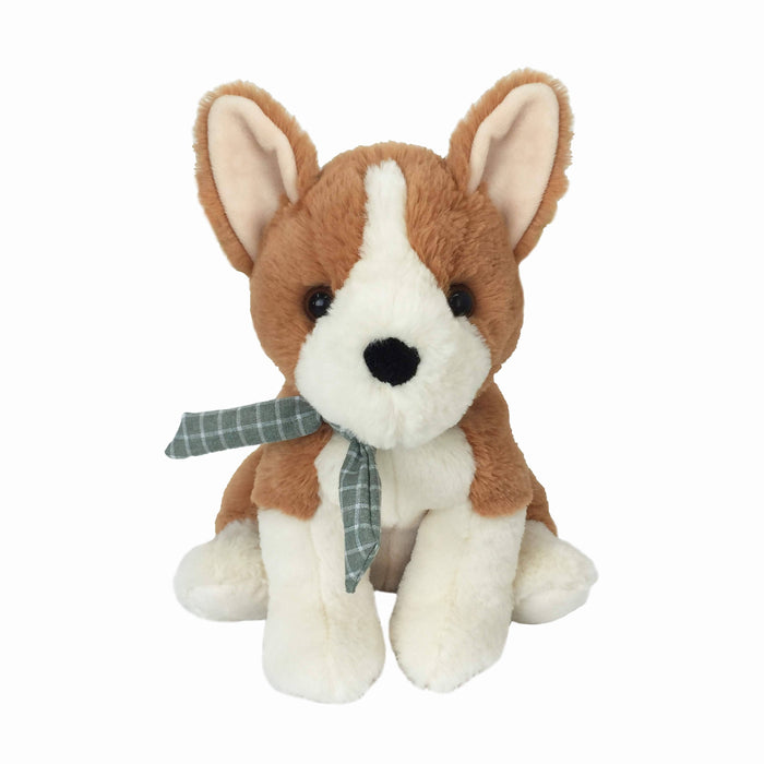 Stuffed corgi puppy wearing a green plaid neck scarf.