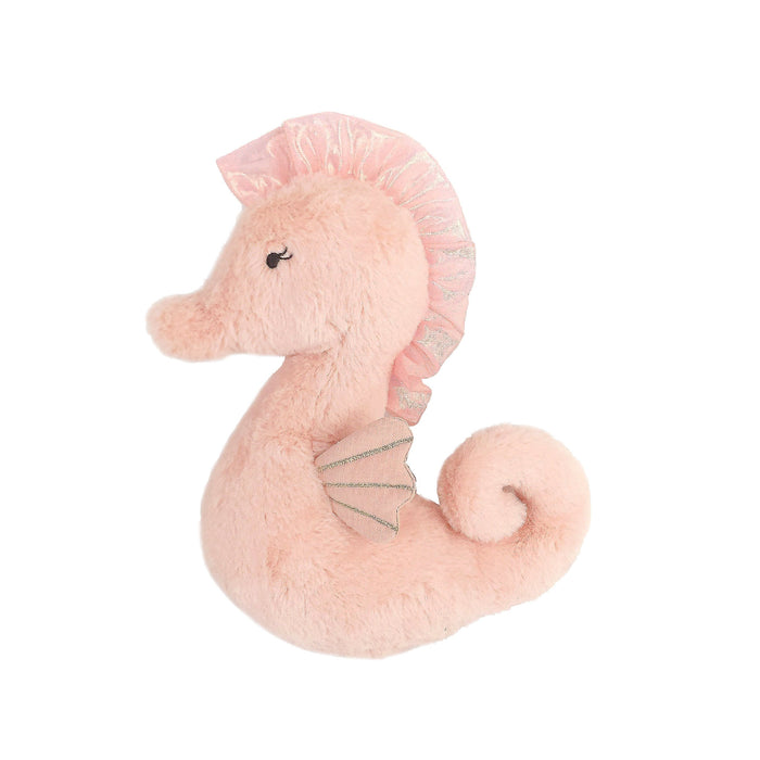 Pink plush seahorse toy with frilly mane.