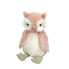 Pink plush owl toy with gold feet and beak.