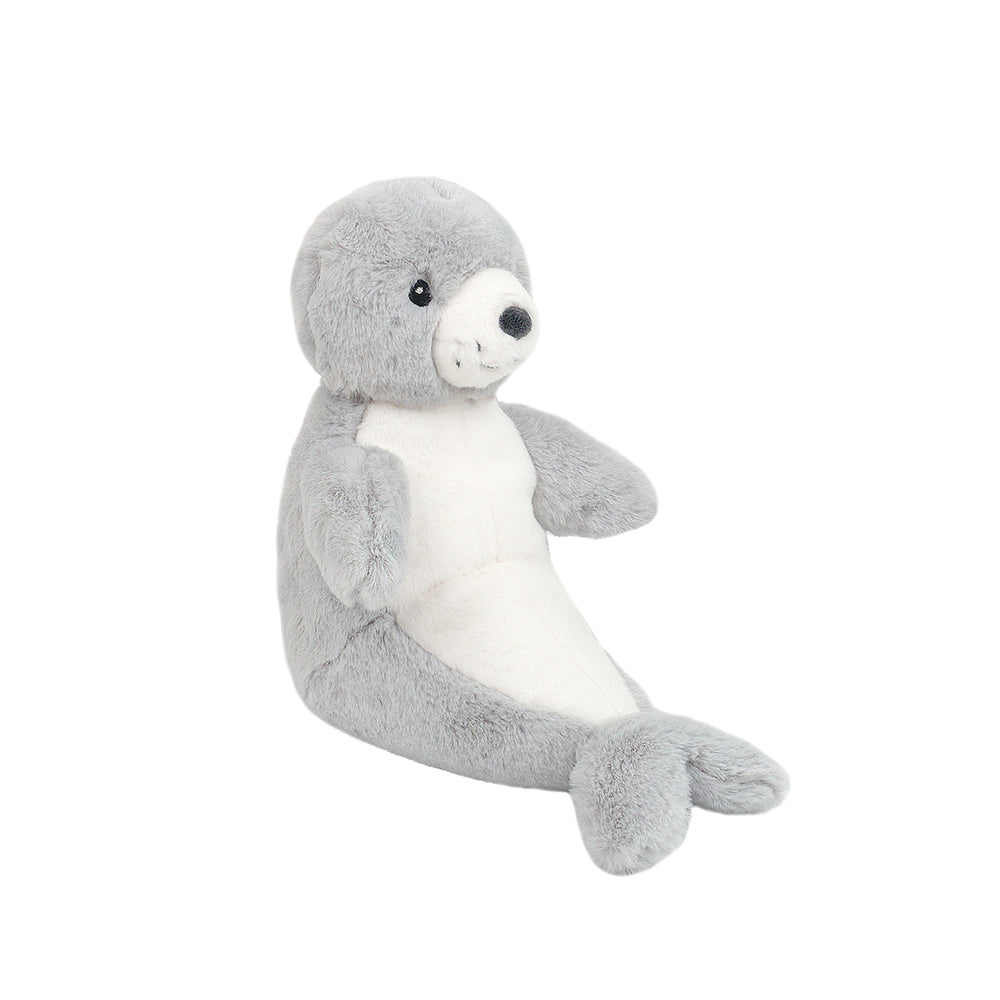 Gray and white seal plush toy.