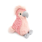 Pink plush cockatoo toy with gray beak and feet.