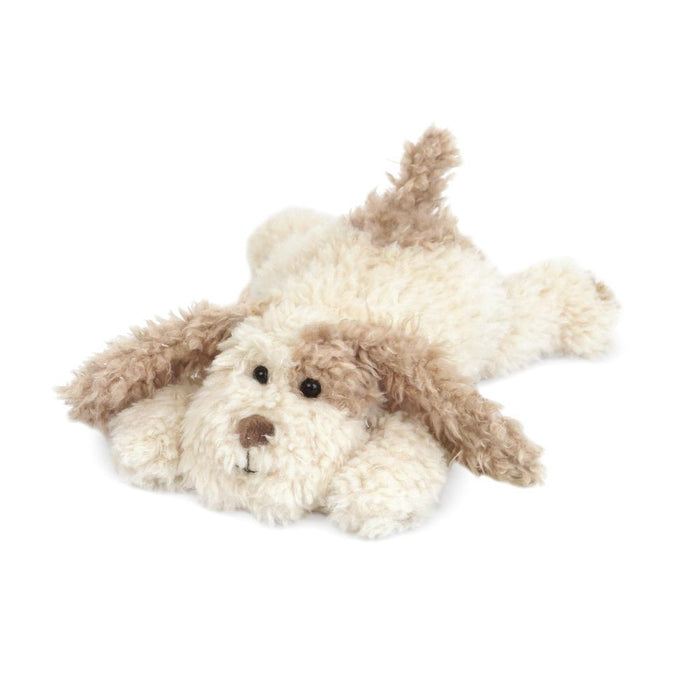 Stuffed dog toy with curly cream-colored fur and brown ears.