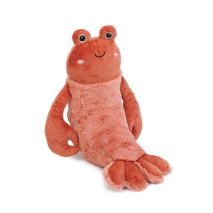 An orange plush toy shrimp with arms.