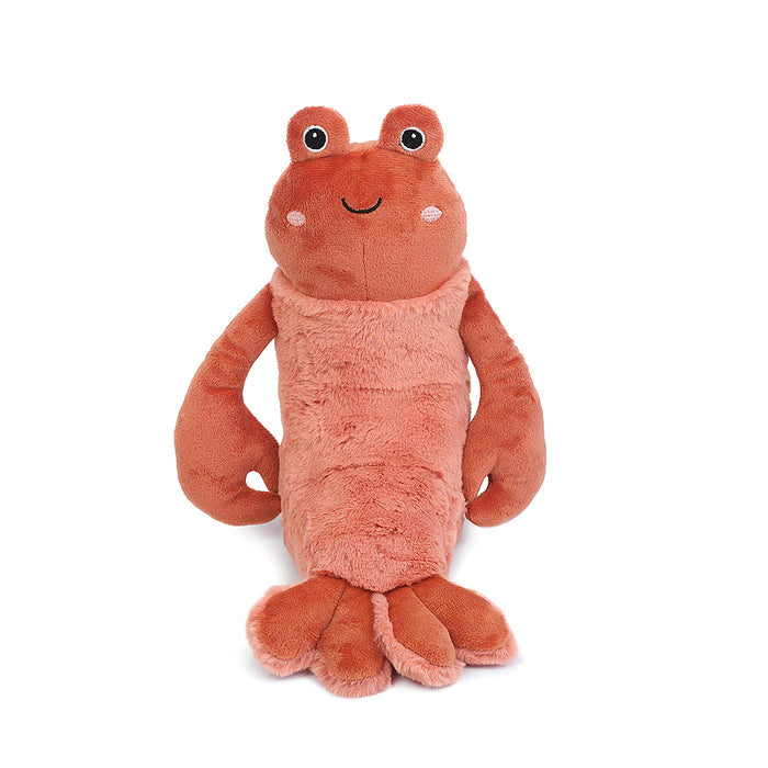 Stuffed orange shrimp toy with furry body.