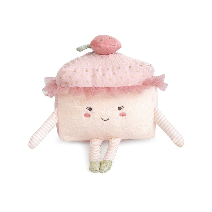 Stuffed pink cupcake plush toy with a strawberry on top.