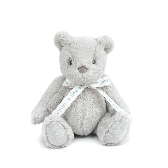 Gray teddy bear with a white ribbon on a white background