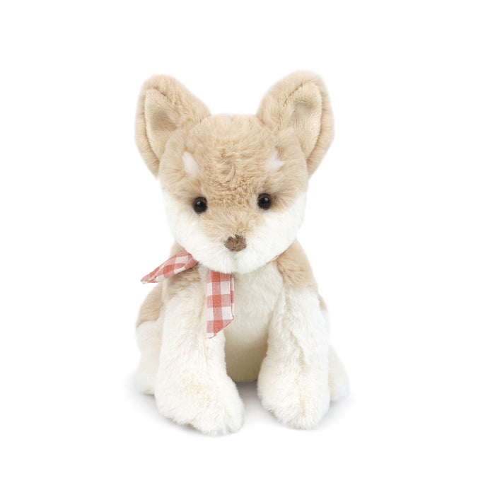Stuffed animal dog toy with a red-and-white gingham scarf.