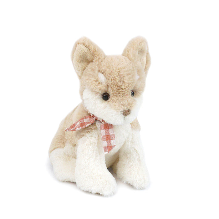 Tan and white plush puppy toy wearing a red and white gingham neckerchief, sitting.