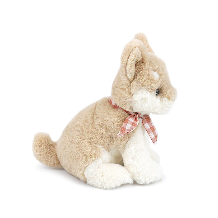 Tan plush dog with a red and white checkered scarf sitting on a white background.