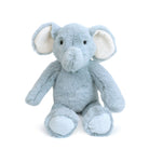 Light blue plush elephant toy sitting.