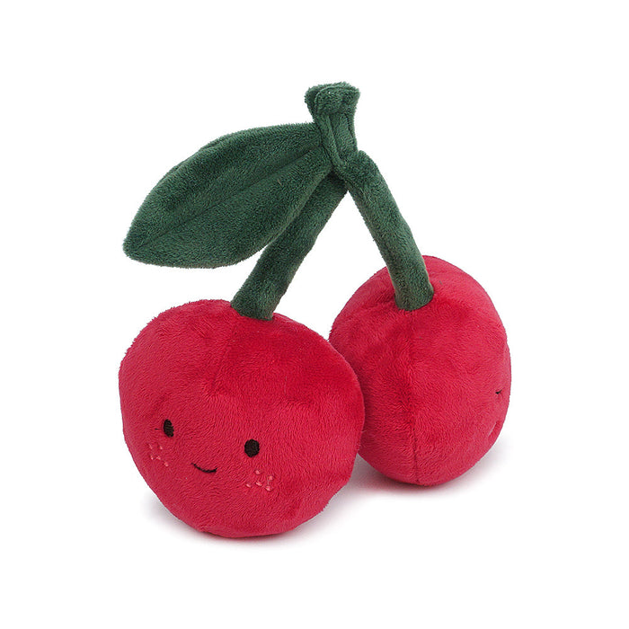 Two plush cherries with green stems and leaf, one with a smiling face.