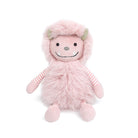 Pink plush monster doll with green horns.
