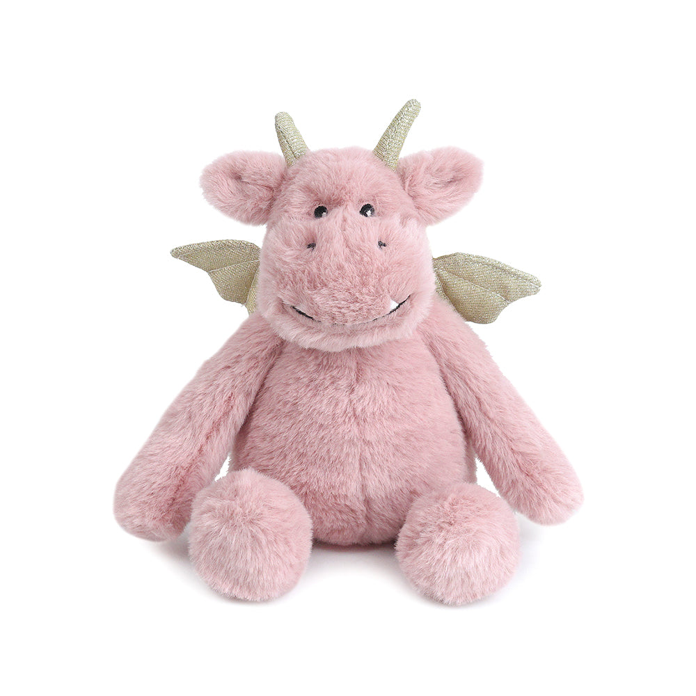 Pink plush dragon toy with gold horns and wings.