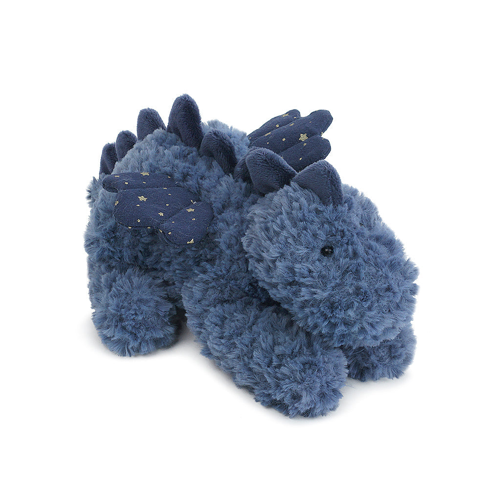 A blue stuffed dinosaur with stars.