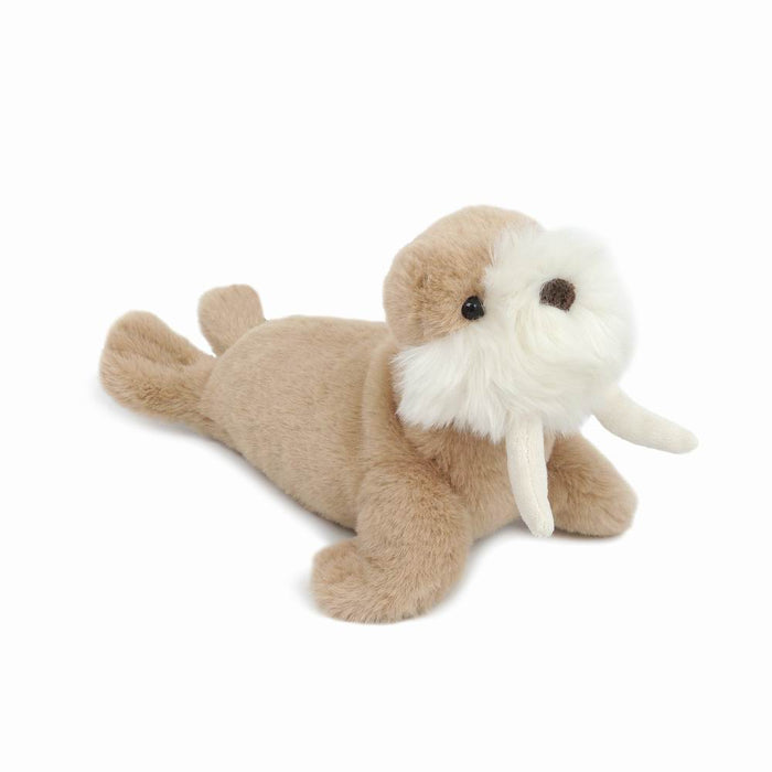 Stuffed walrus toy with brown fur, white face, and small tusks.
