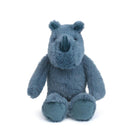 Blue plush rhino toy sitting.