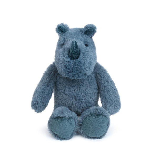Blue plush rhino toy sitting.