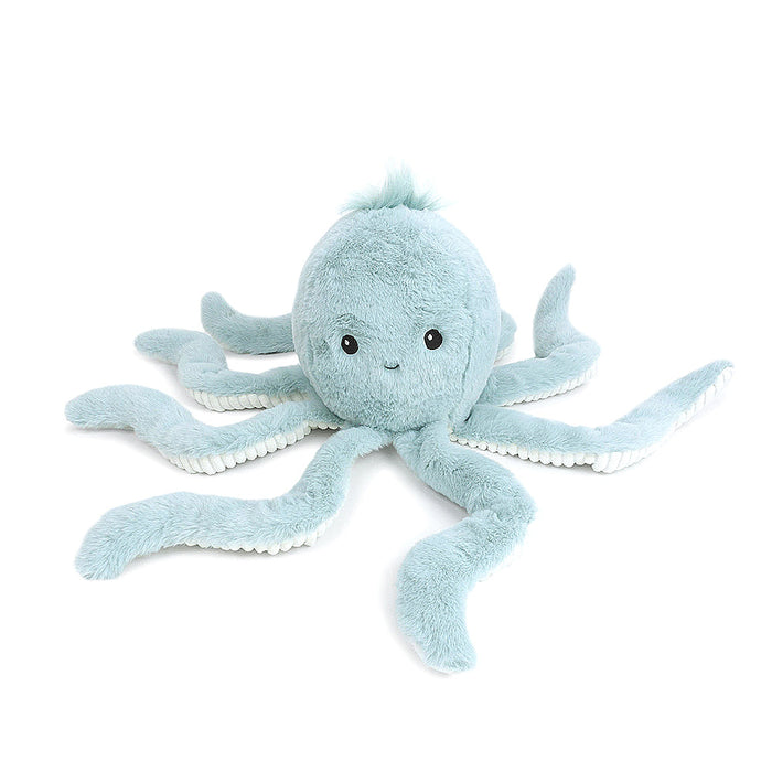 Light blue stuffed octopus with fuzzy tentacles.