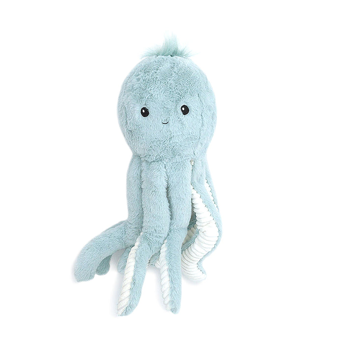 A light blue stuffed octopus with eight tentacles.