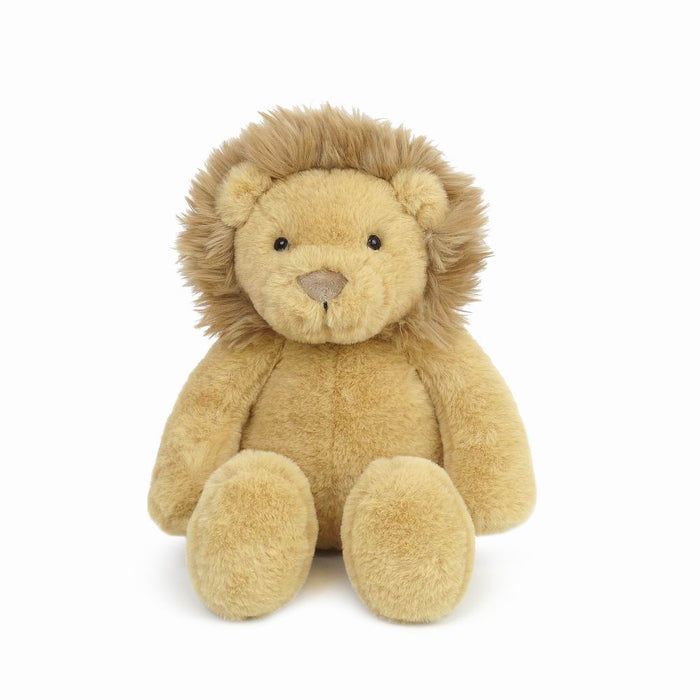 Tan plush lion toy sitting.