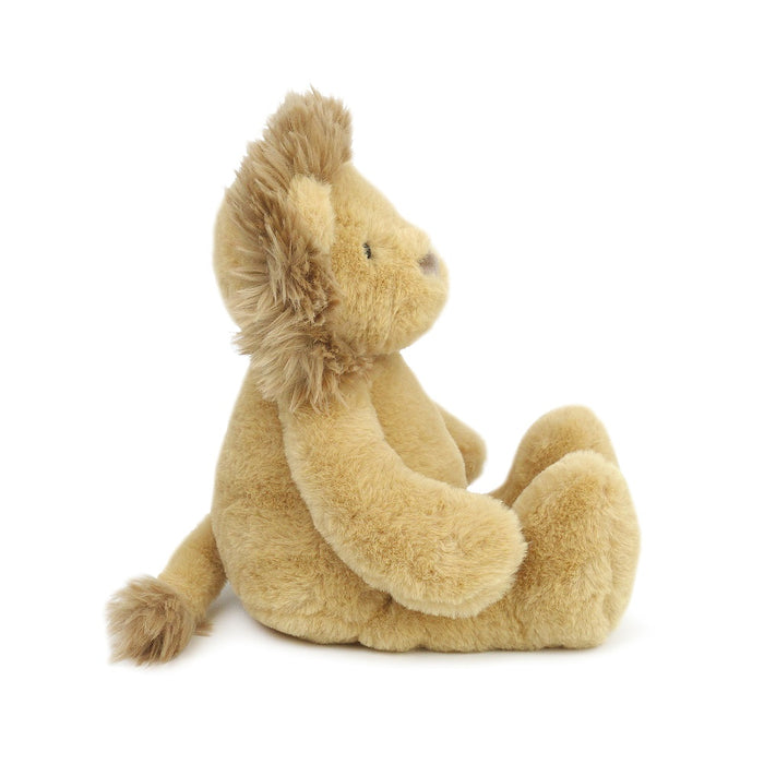 Stuffed lion with a tan mane and light brown fur sitting.