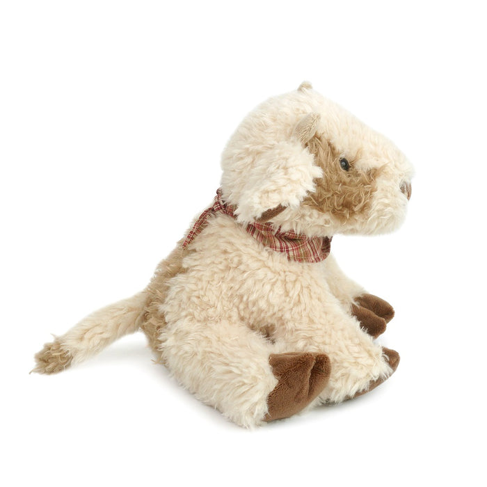 Stuffed beige dog with brown paws and a red plaid scarf.