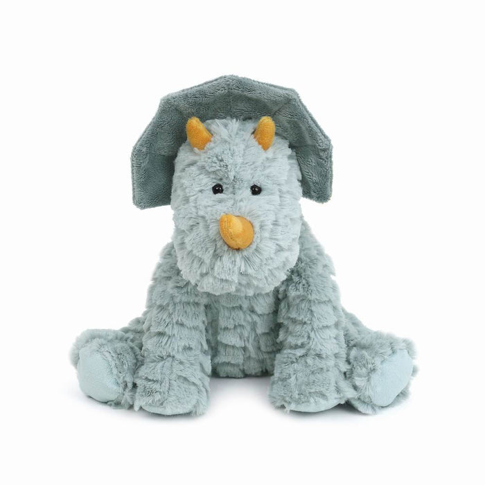 Stuffed, blue, plush triceratops toy sitting.