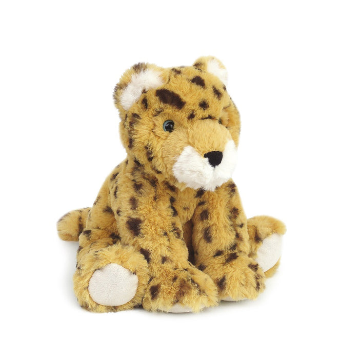 Stuffed cheetah toy with brown spots, white paws and ears, and black nose.