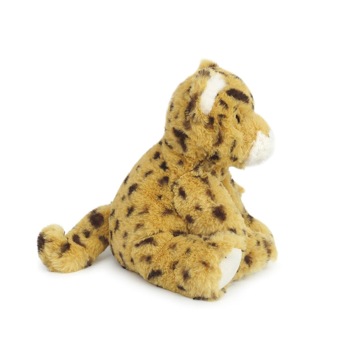 Stuffed leopard toy sitting. Tan with brown spots. Fluffy. White ear and paws.