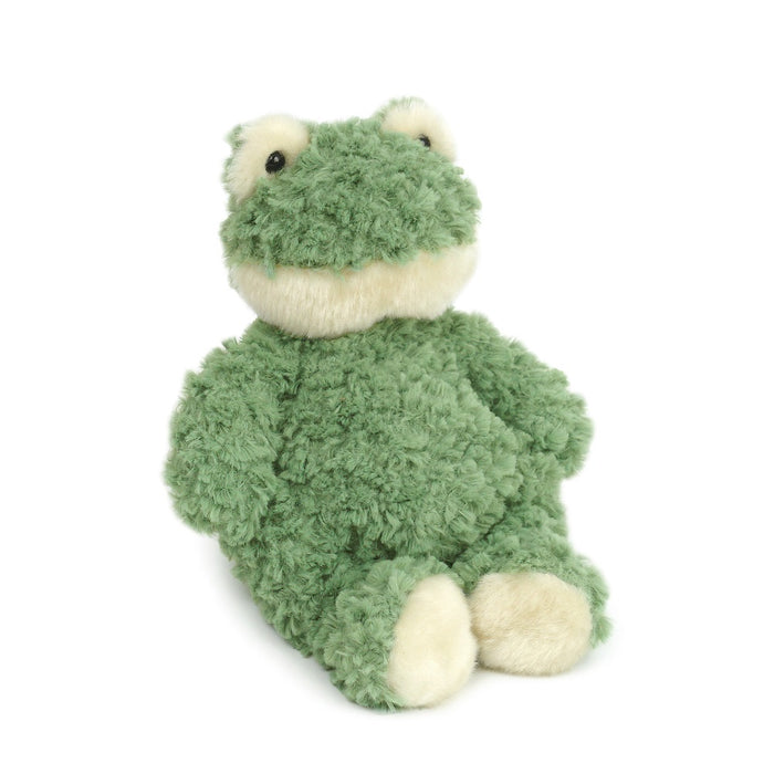 Green plush frog with cream accents.