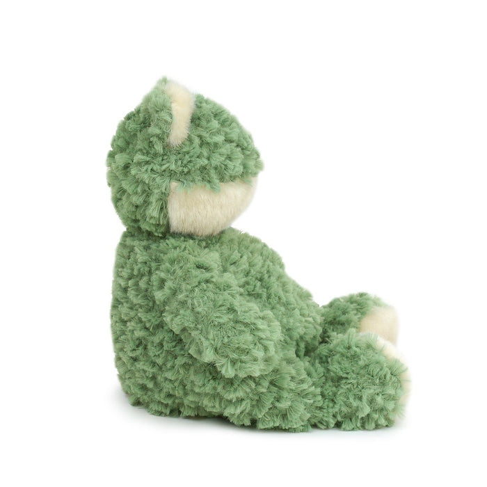 Green fluffy frog plush toy.
