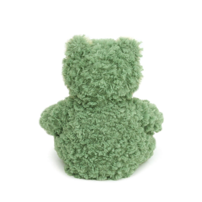 Back view of a fluffy green teddy bear.