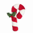 Red and white striped plush candy cane with holly and a smiling face.