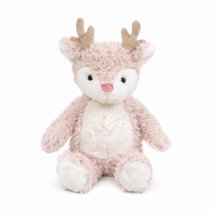 Pink plush deer with antlers, sitting.