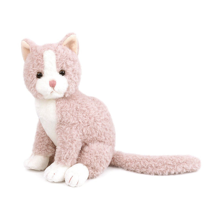 Pink and white plush cat toy sitting.