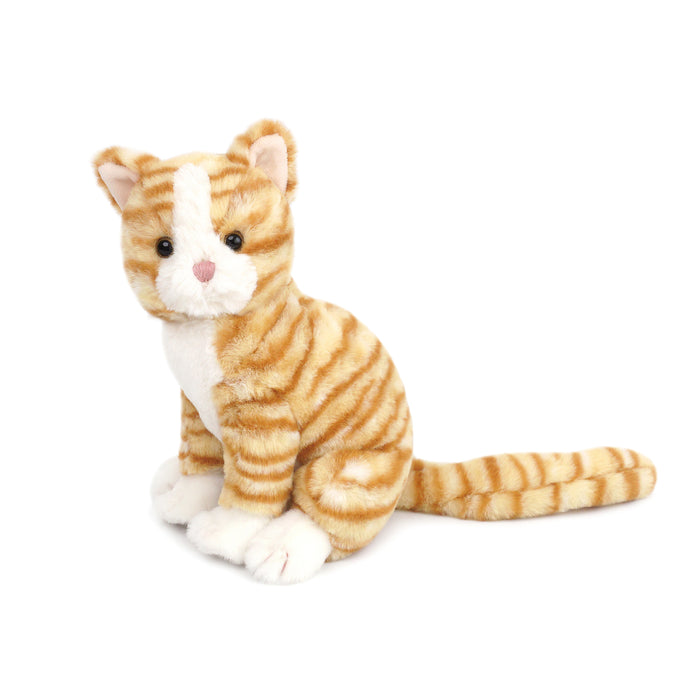 Stuffed orange tabby cat with white paws and belly.