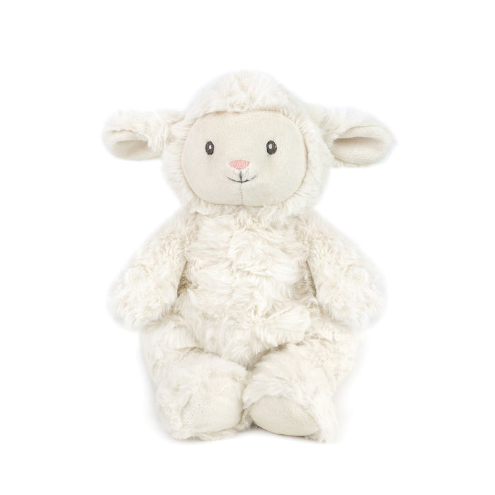 Stuffed white lamb toy with a pink nose.