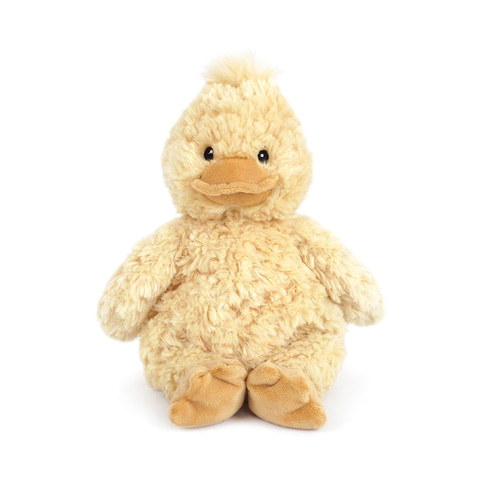 Stuffed yellow duck with fuzzy fabric and brown beak and feet.