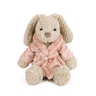 Stuffed bunny wearing a pink robe.
