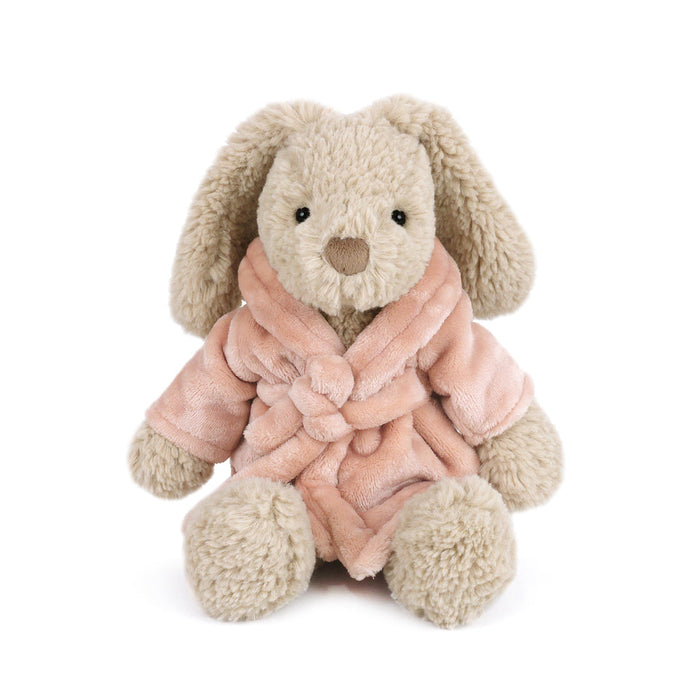Stuffed bunny wearing a pink robe.