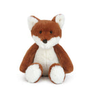 Stuffed fox with white belly, chest, ear interiors, and paws. Brown fur on head, arms, and back. Black button eyes and nose. Seated.