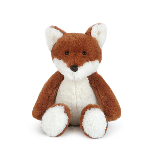 Stuffed fox with white belly, chest, ear interiors, and paws. Brown fur on head, arms, and back. Black button eyes and nose. Seated.